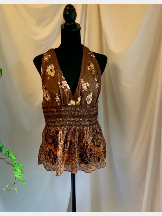 Free People Tops - NWT, Free People Cocoa Combo Floral, Smocked Peplum Halter